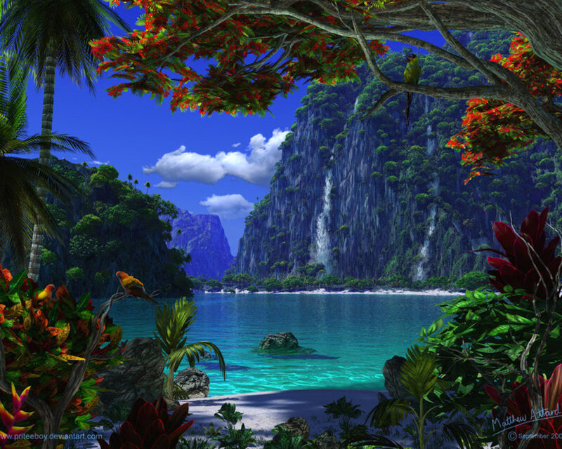 Tropical Bay with Waterfall