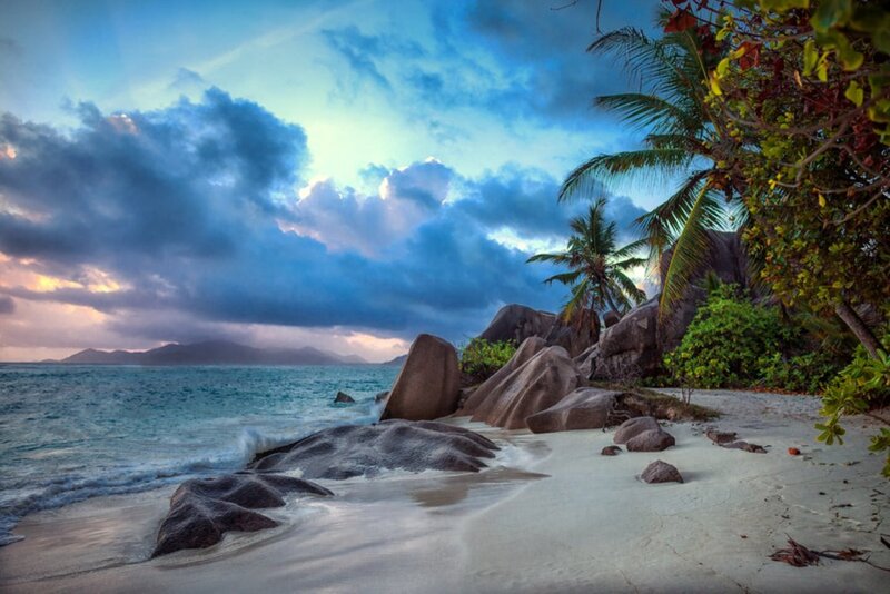 Tropical Beach at Dusk — Blue, Dramatic