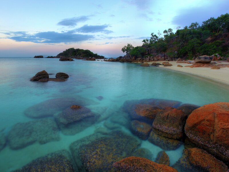 Tropical Beach at Dusk — Blue, Serene, Sunset, Photograph, Rocks
