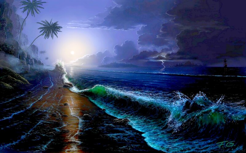 Tropical Beach at Night — Blue, Dramatic, Digital Art, Palm Trees