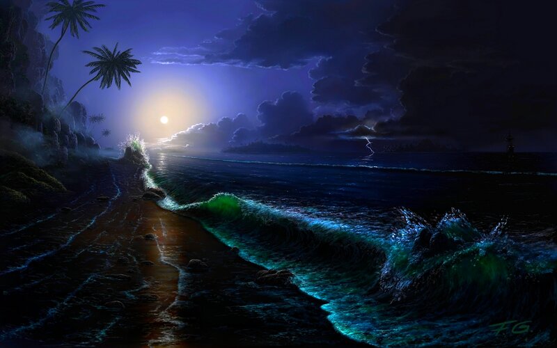 Tropical Beach at Night — Blue, Dramatic, Digital Art