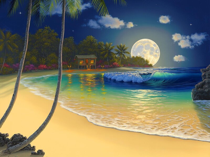 Tropical Beach at Night — Blue, Serene, Digital Art, Moon, Palm Trees, Hut