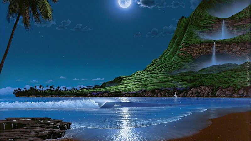 Tropical Beach at Night — Blue, Serene, Digital Art, Moon