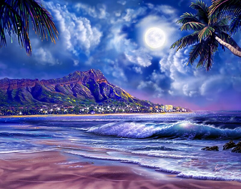Tropical Beach at Night — Blue, Serene, Digital Art, Mountain