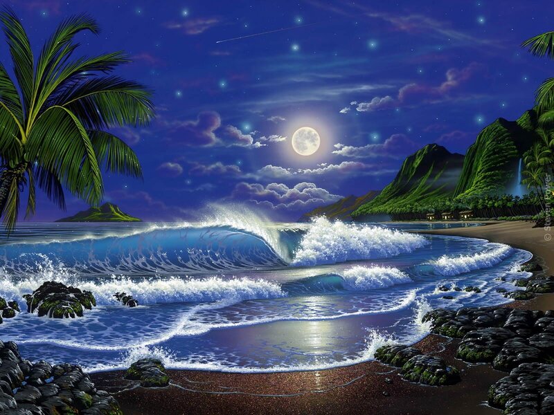 Tropical Beach at Night — Blue, Serene, Digital Art, Palm Tree