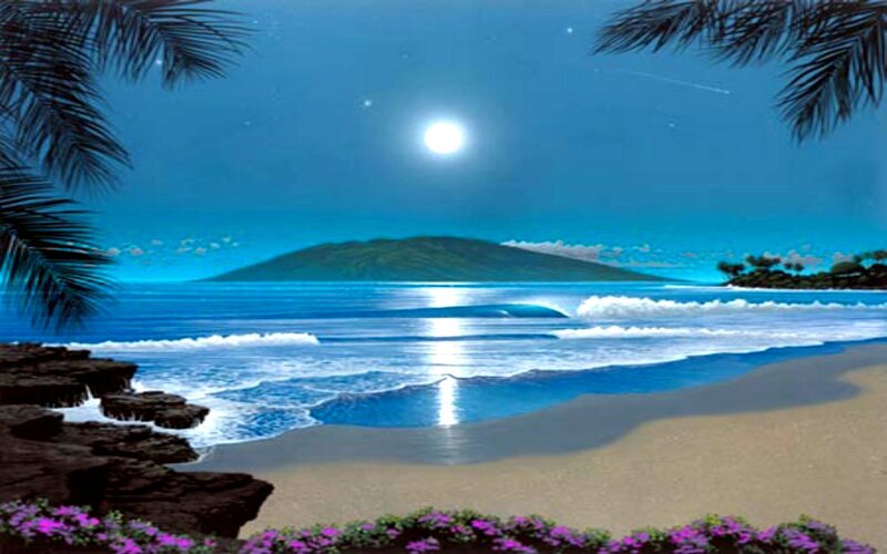 Tropical Beach at Night — Blue, Serene, Digital Art, Palm Trees, Island