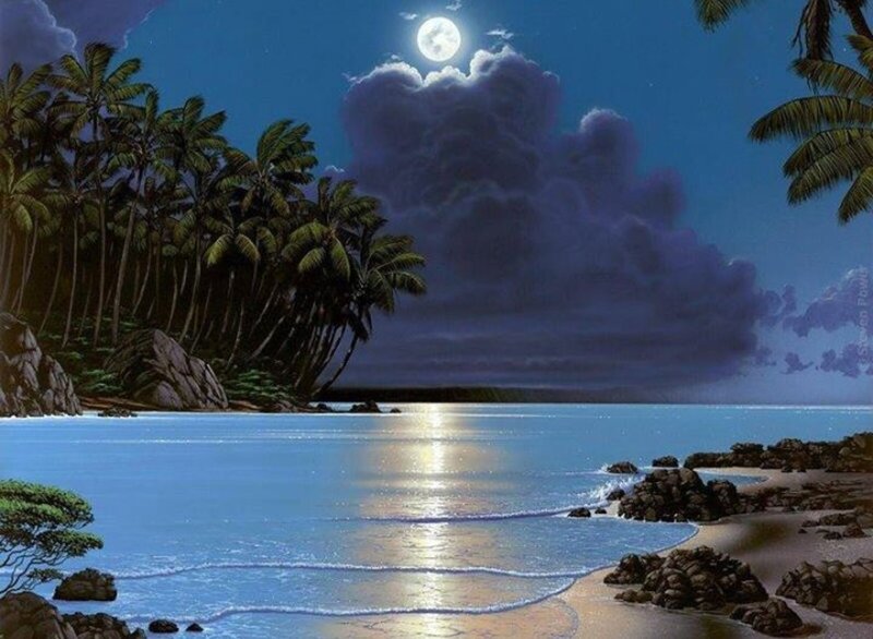 Tropical Beach at Night — Blue, Serene, Digital Art, Palm Trees, Moon, Ocean