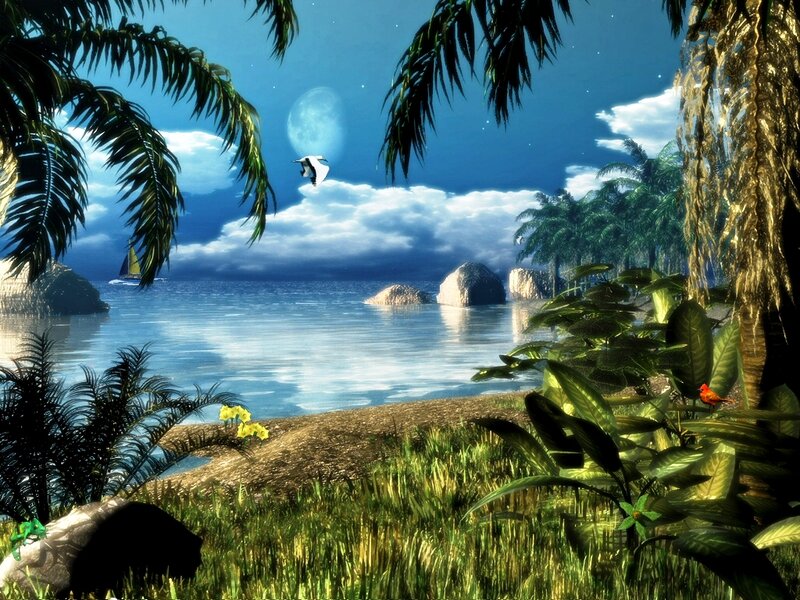 Tropical Beach at Night — Blue, Serene, Digital Art, Palm Trees, Moon, Sailboat