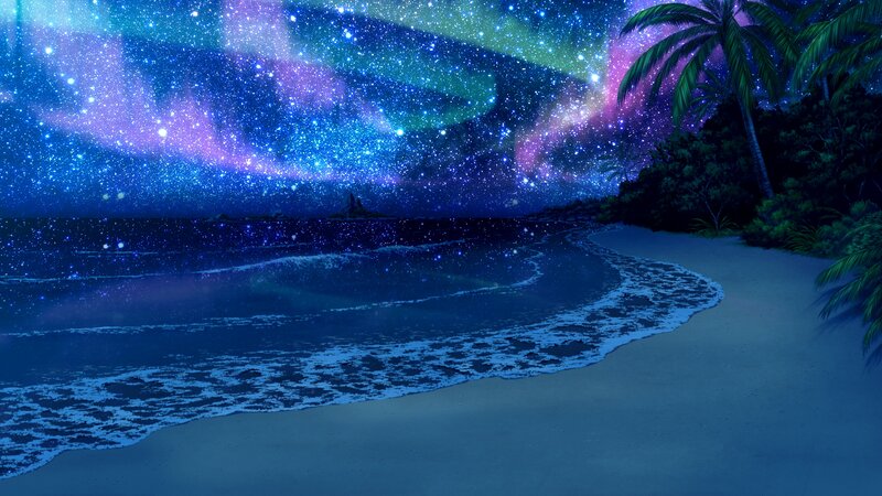 Tropical Beach at Night — Blue, Serene, Digital Art, Palm Trees, Ocean, Stars