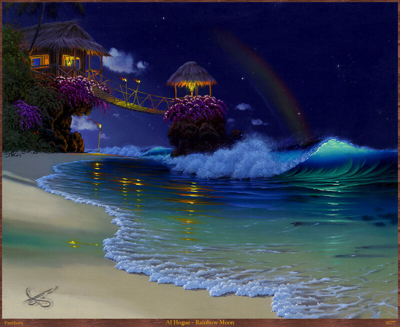 Tropical Beach at Night — Blue, Serene, Digital Art, Rainbow