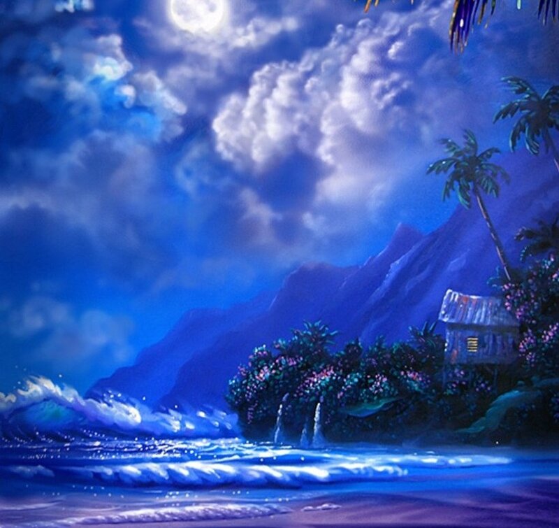 Tropical Beach at Night — Blue, Serene, Painting, Moon, Mountain, Palm Tree