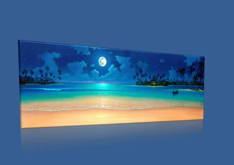 Tropical Beach at Night — Blue, Serene, Painting, Moon, Palm Trees, Boat