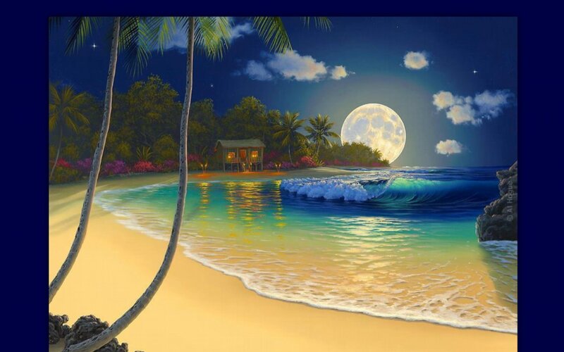 Tropical Beach at Night — Blue, Serene, Painting, Moon, Palm Trees, Hut