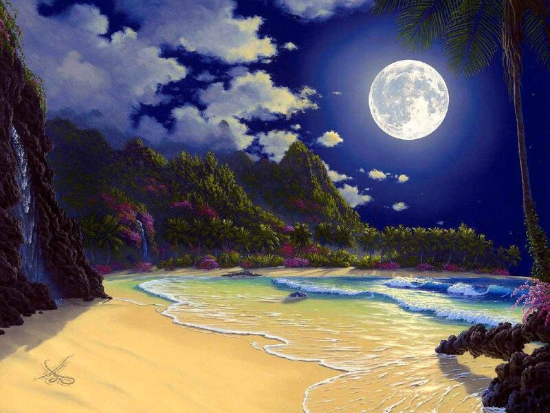 Tropical Beach at Night — Blue, Serene, Painting, Moon, Palm Trees, Mountains