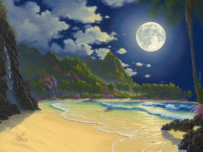 Tropical Beach at Night — Blue, Serene, Painting, Moon, Palm Trees, Mountains, Waterfall