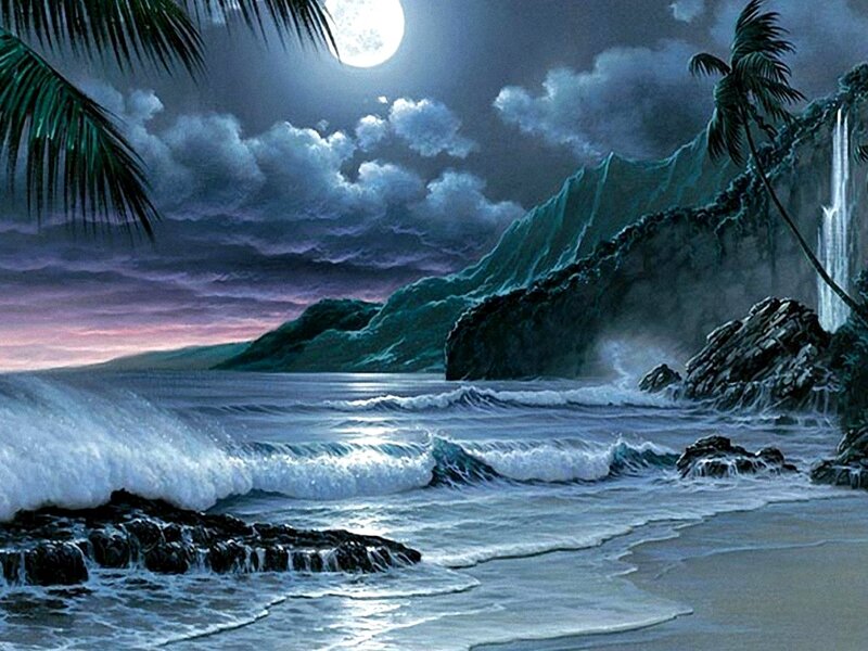 Tropical Beach at Night — Blue, Serene, Painting, Moon, Palm Trees