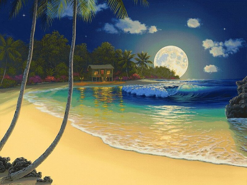 Tropical Beach at Night — Blue, Serene, Painting, Palm Trees, Moon, Hut