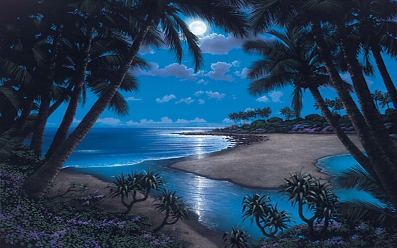 Tropical Beach at Night — Blue, Serene, Painting, Palm Trees, Moon, Ocean, Sand