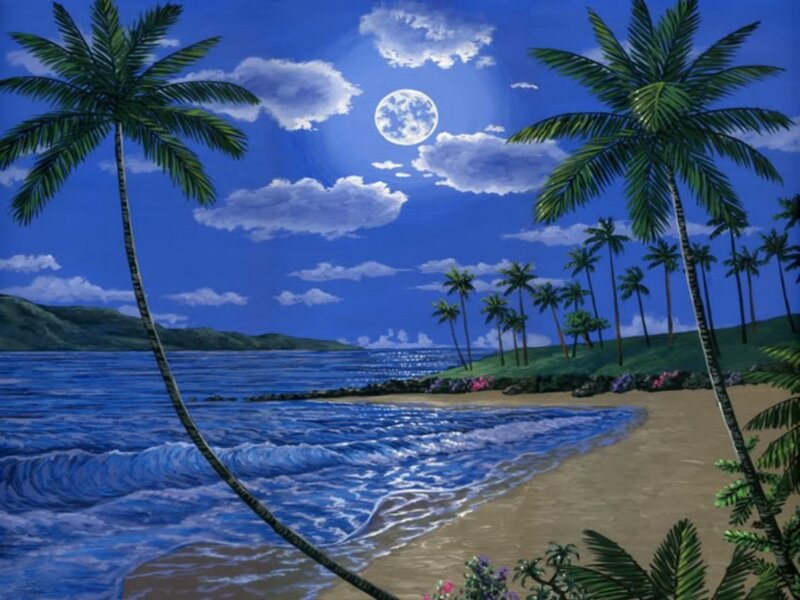 Tropical Beach at Night — Blue, Serene, Painting, Palm Trees, Moon, Ocean
