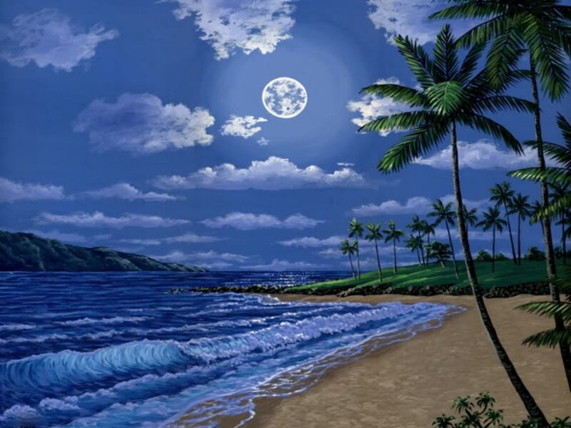 Tropical Beach at Night — Blue, Serene, Painting, Palm Trees, Moon, Ocean Waves