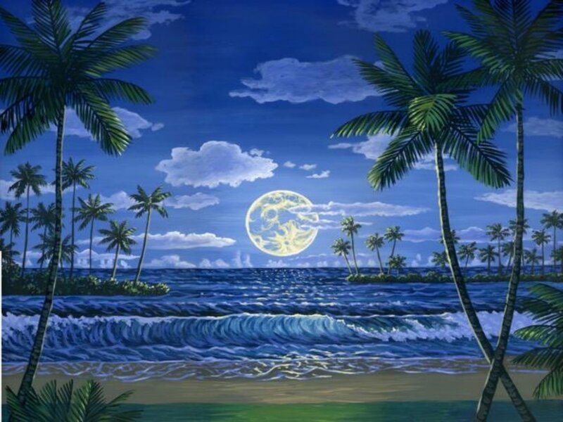 Tropical Beach at Night — Blue, Serene, Painting, Palm Trees, Moon