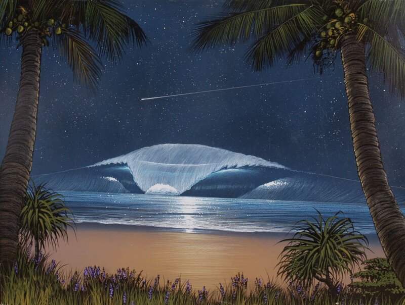 Tropical Beach at Night — Blue, Serene, Painting, Palm Trees, Ocean Wave