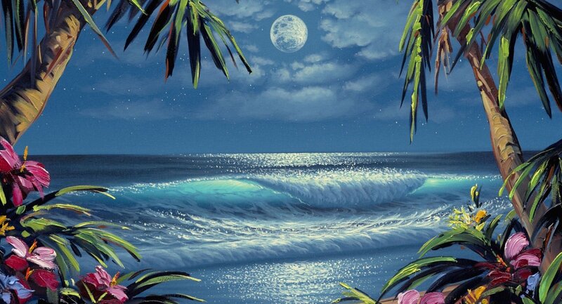 Tropical Beach at Night — Blue, Serene, Painting, Palm Trees, Ocean Waves, Moon