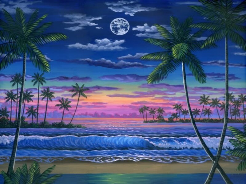 Tropical Beach at Night — Blue, Serene, Painting, Palm Trees, Ocean Waves