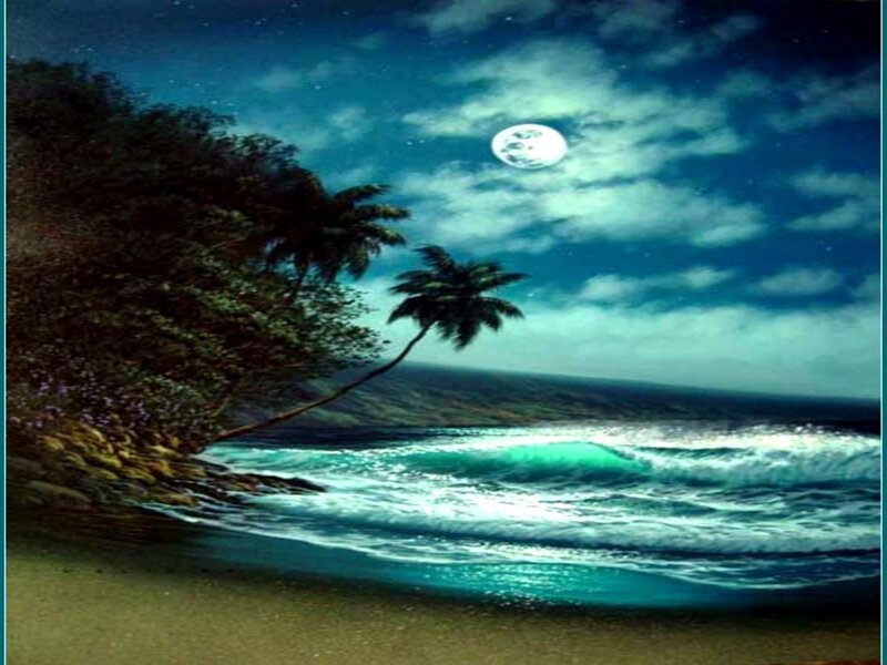 Tropical Beach at Night — Blue, Serene, Painting