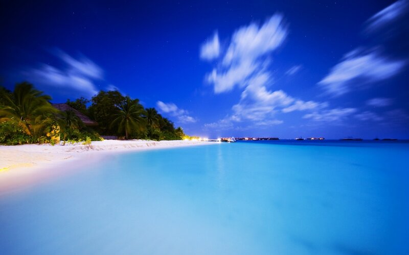 Tropical Beach at Night — Blue, Serene, Photograph