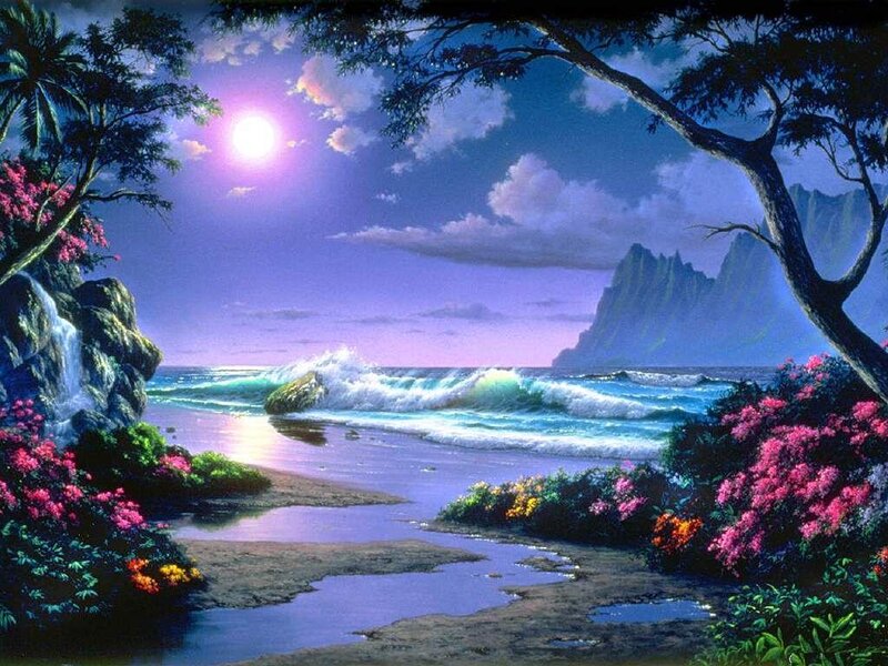 Tropical Beach at Night — Purple, Serene, Digital Art