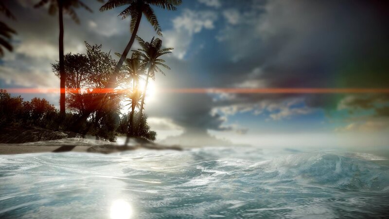 Tropical Beach at Sunset — Blue, Dramatic, 3d Render