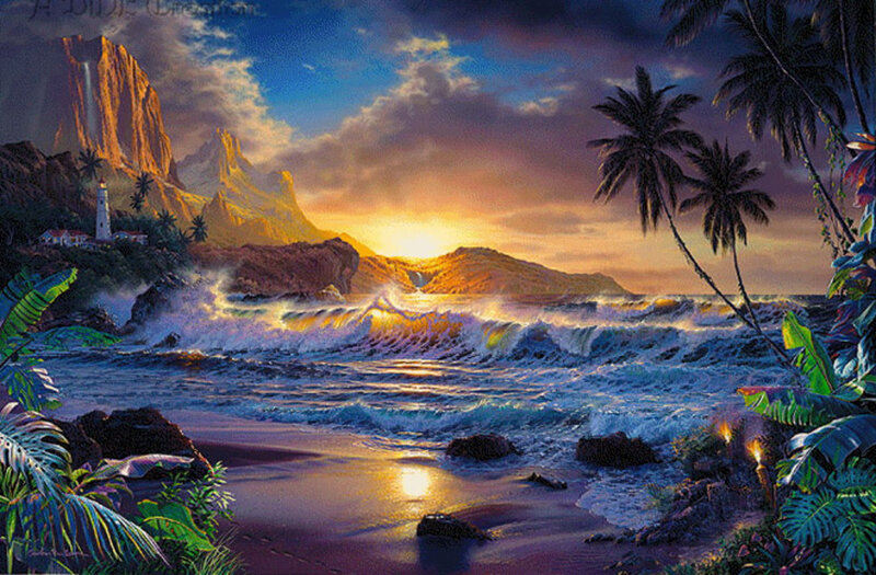 Tropical Beach at Sunset — Blue, Dramatic, Digital Art, Lighthouse