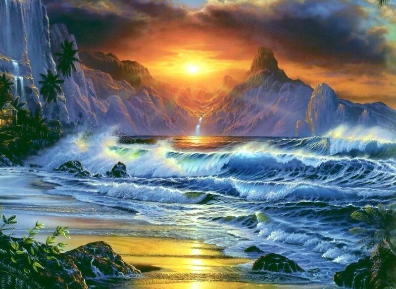 Tropical Beach at Sunset — Blue, Dramatic, Digital Art, Mountains