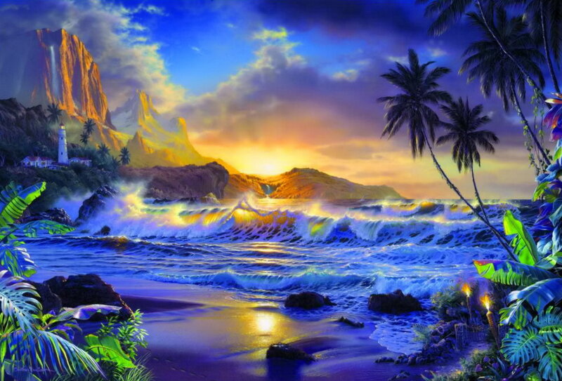 Tropical Beach at Sunset — Blue, Dramatic, Digital Art, Palm Trees, Lighthouse, Mountain