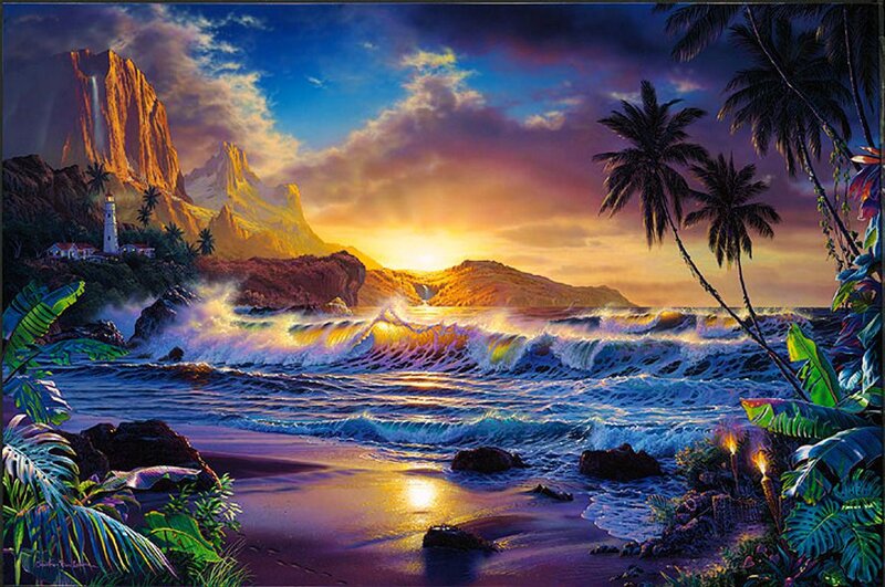 Tropical Beach at Sunset — Blue, Dramatic, Digital Art, Palm Trees, Lighthouse, Mountains