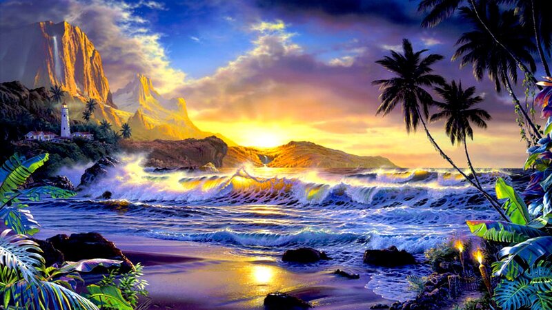 Tropical Beach at Sunset — Blue, Dramatic, Digital Art, Palm Trees, Lighthouse