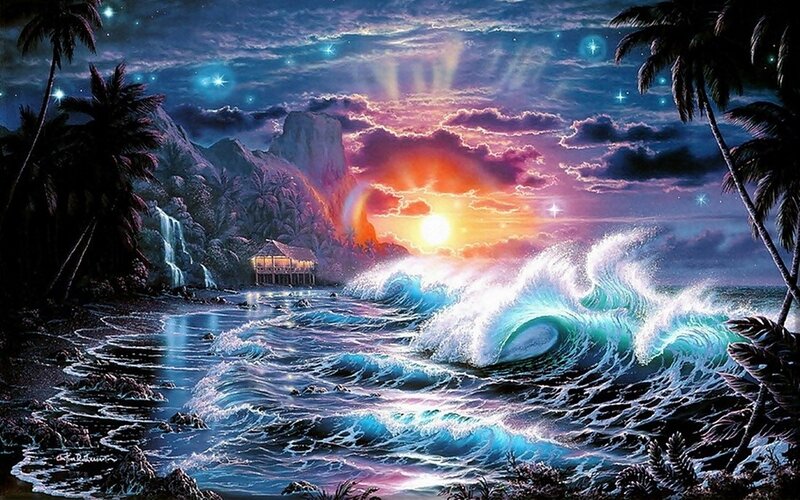 Tropical Beach at Sunset — Blue, Dramatic, Digital Art, Palm Trees