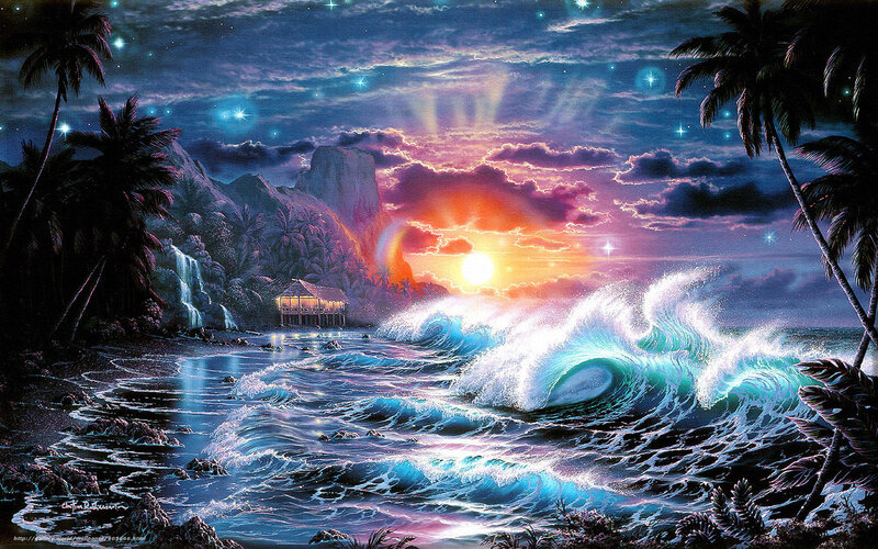Tropical Beach at Sunset — Blue, Dramatic, Digital Art, Palm Trees, Waves, Hut, Mountain
