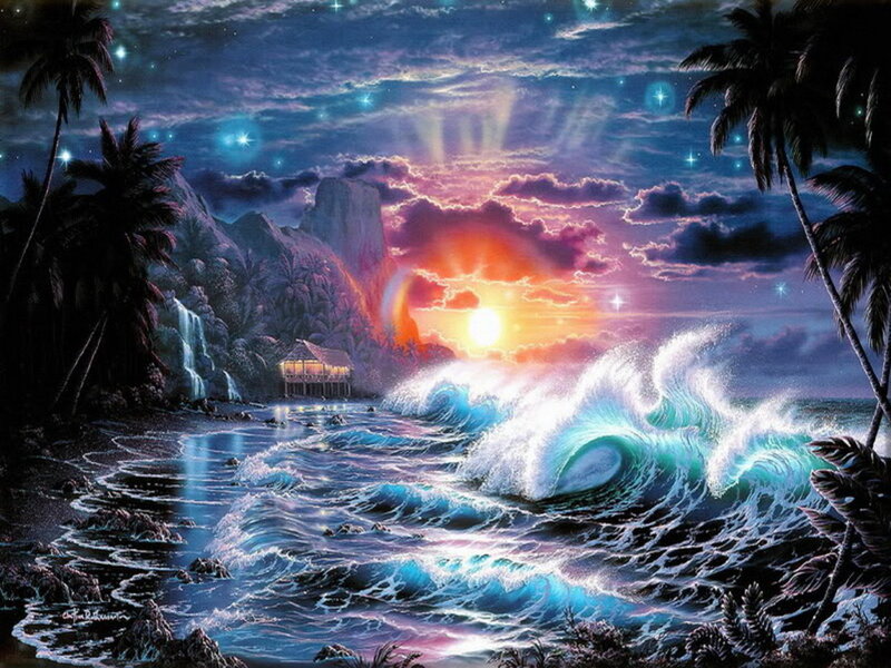 Tropical Beach at Sunset — Blue, Dramatic, Digital Art, Palm Trees, Waves, Hut