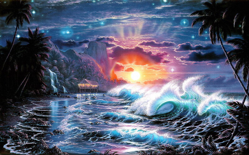 Tropical Beach at Sunset — Blue, Dramatic, Digital Art, Palm Trees, Waves