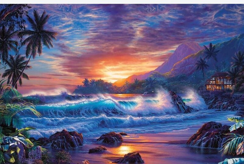 Tropical Beach at Sunset — Blue, Dramatic, Digital Art