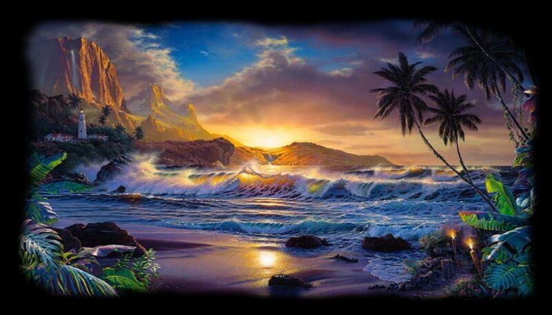 Tropical Beach at Sunset — Blue, Dramatic, Painting, Palm Trees, Lighthouse