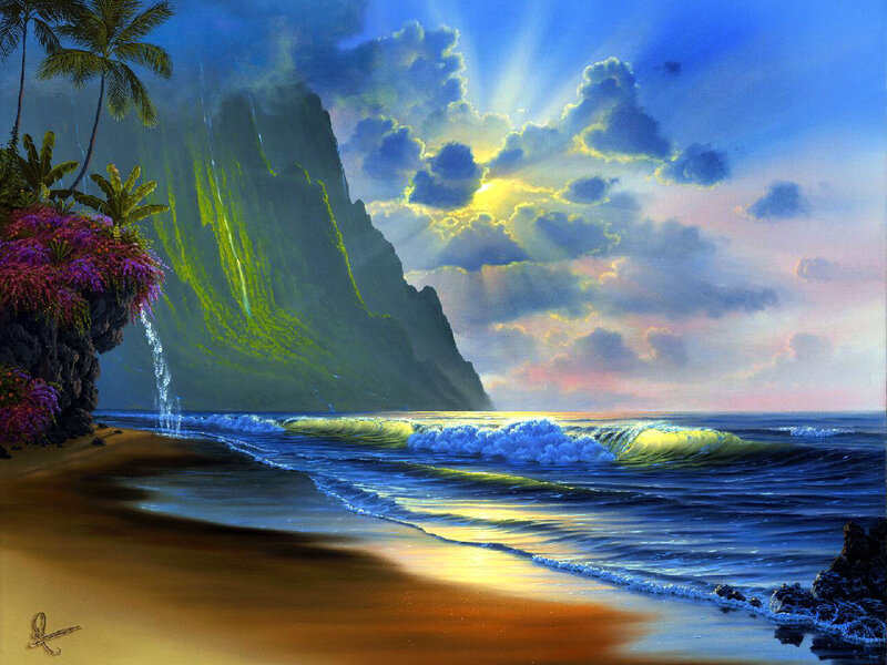Tropical Beach at Sunset — Blue, Dramatic, Painting, Palm Trees, Mountain