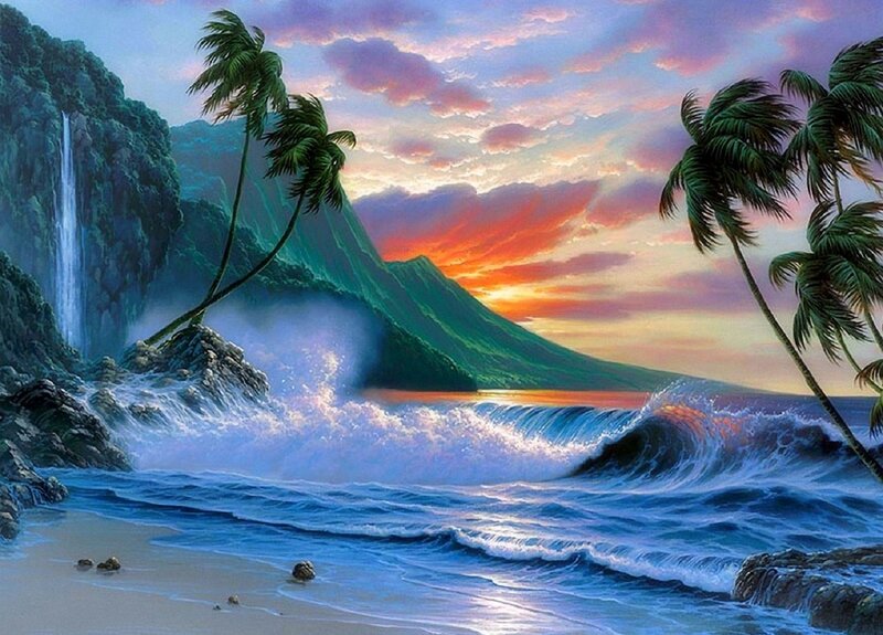 Tropical Beach at Sunset — Blue, Dramatic, Painting, Palm Trees, Mountain, Waterfall