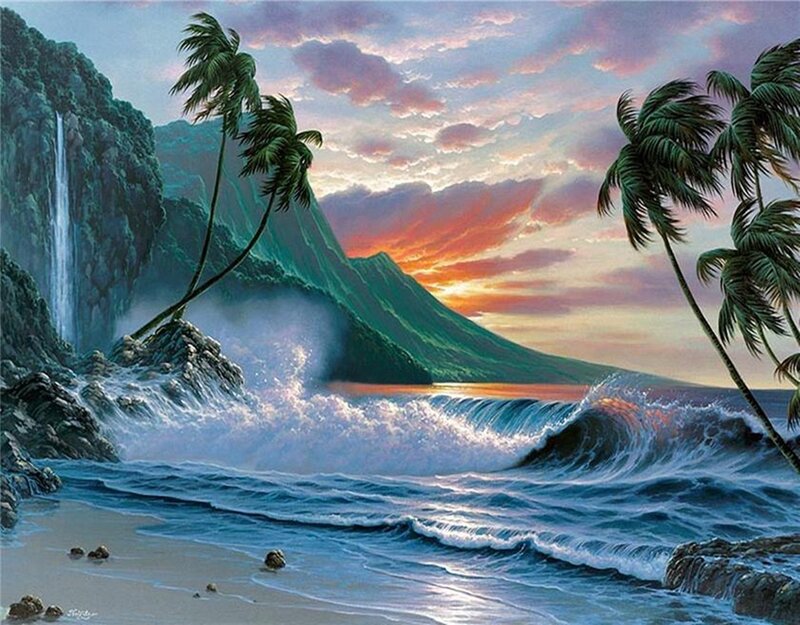 Tropical Beach at Sunset — Blue, Dramatic, Painting, Palm Trees, Mountain, Wave