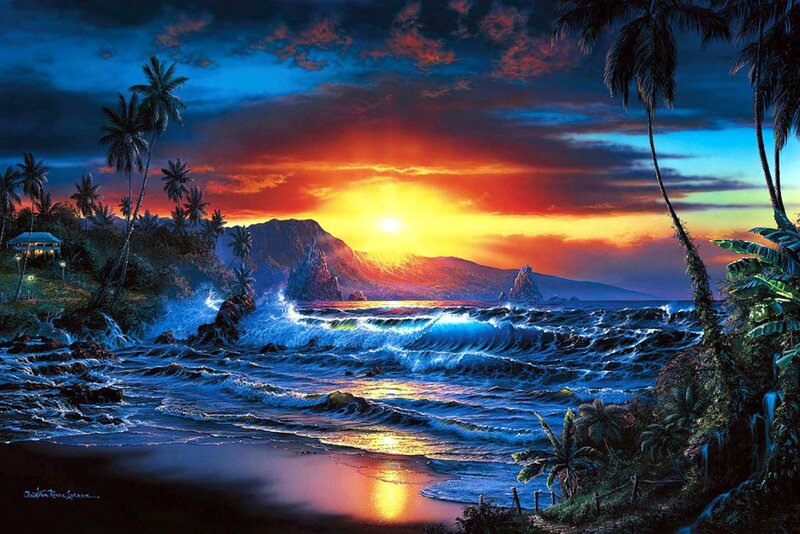 Tropical Beach at Sunset — Blue, Dramatic, Painting, Palm Trees, Ocean Waves, Mountain