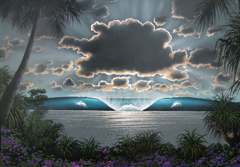 Tropical Beach at Sunset — Blue, Dramatic, Painting, Palm Trees, Ocean Waves