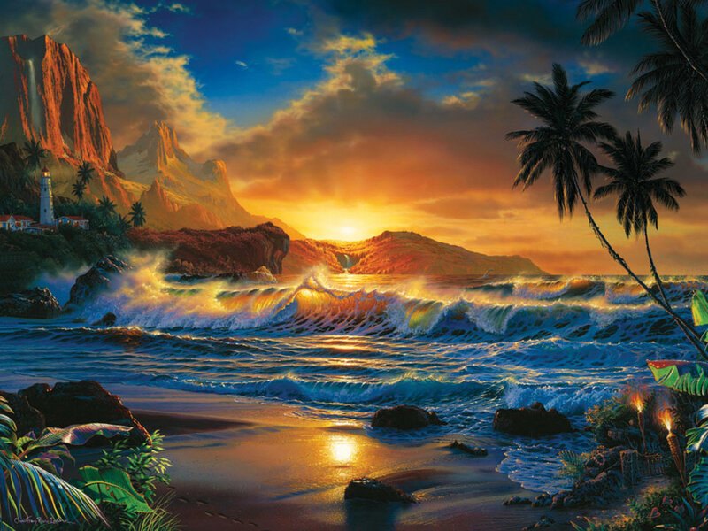 Tropical Beach at Sunset — Blue, Dramatic, Painting
