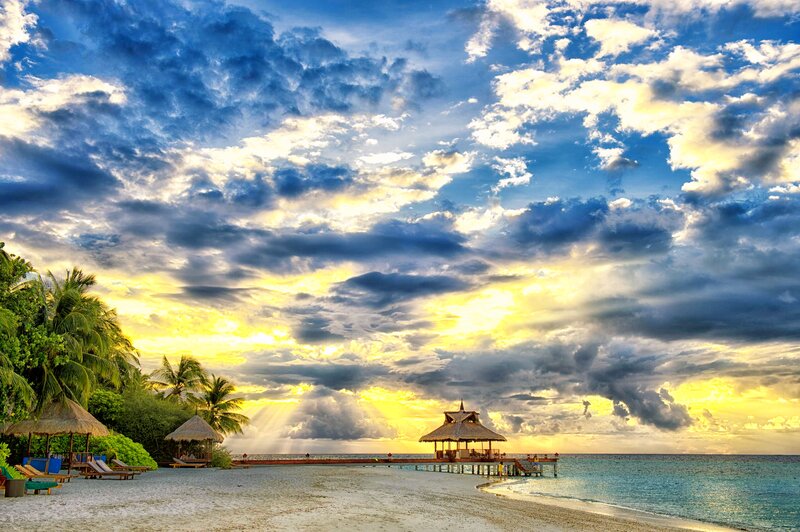Tropical Beach at Sunset — Blue, Dramatic, Photograph, Palm Trees